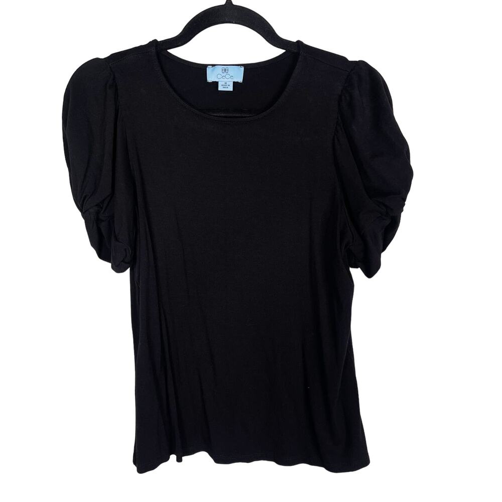 CeCe Womens Medium M Black Knot Short Sleeve Scoop Neck Blouse Top Stretch